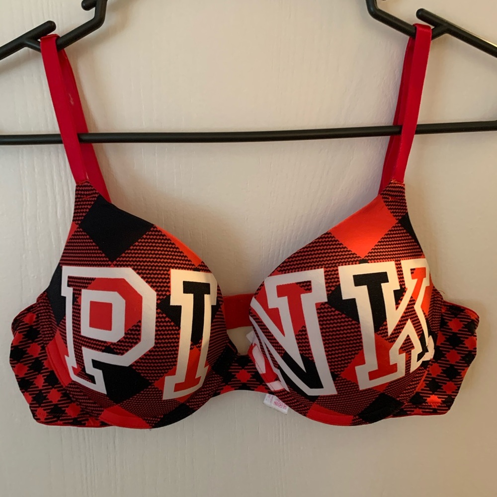 Pink red plaid push up bra